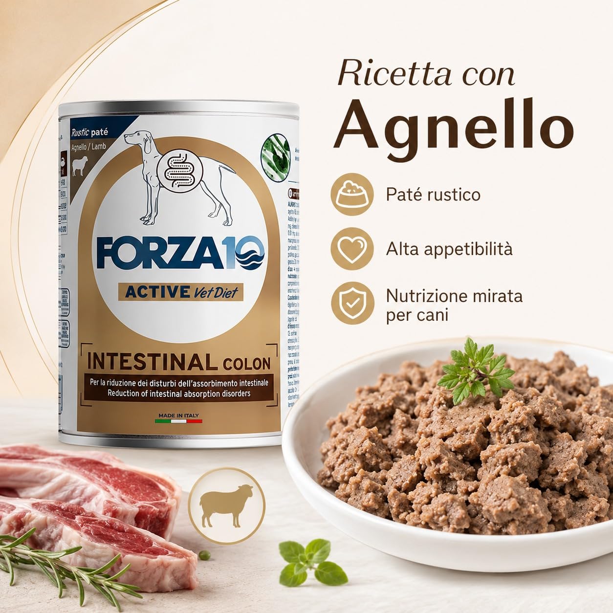 Intestinal Colon Agnello –Forza10 Diet Cibo Umido per Cani Adulti di tutte le Taglie e Razze, Monoproteico,per la riduzione dei disturbi intestinali, 12 Lattine x 400g, Alimento Completo.