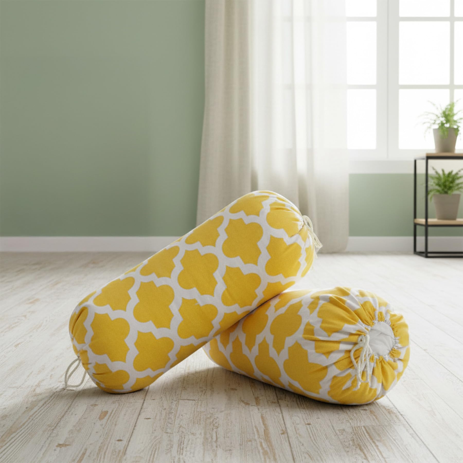 HOMEMONDE Bolster Round Cushion Covers 16 x 32 Inches for Living Room Decoration (Yellow Quatrefoil) Cotton