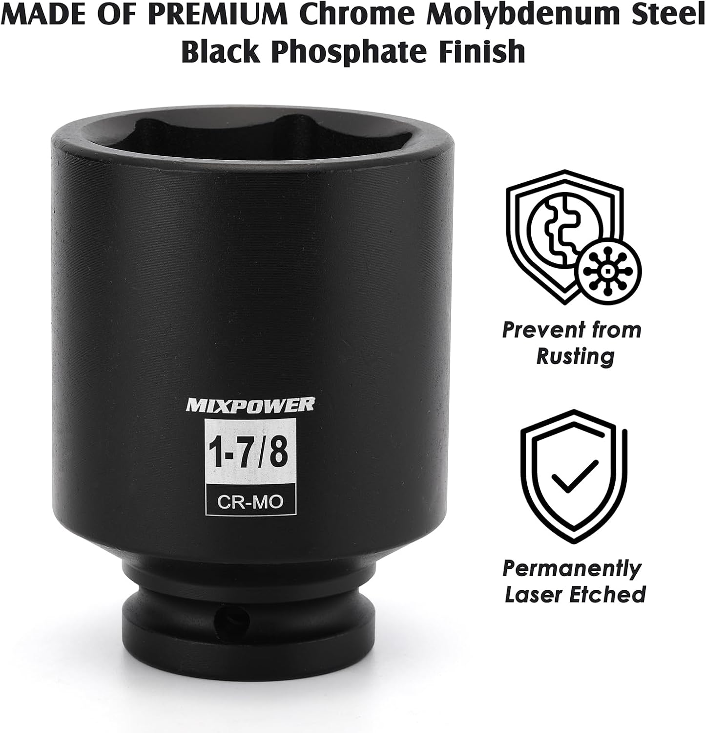 MIXPOWER 3/4" Drive Deep Impact Socket, CR-MO, 1-7/8", SAE, 6 Point, Axle Nut Impact Grade Socket for Easy Removal