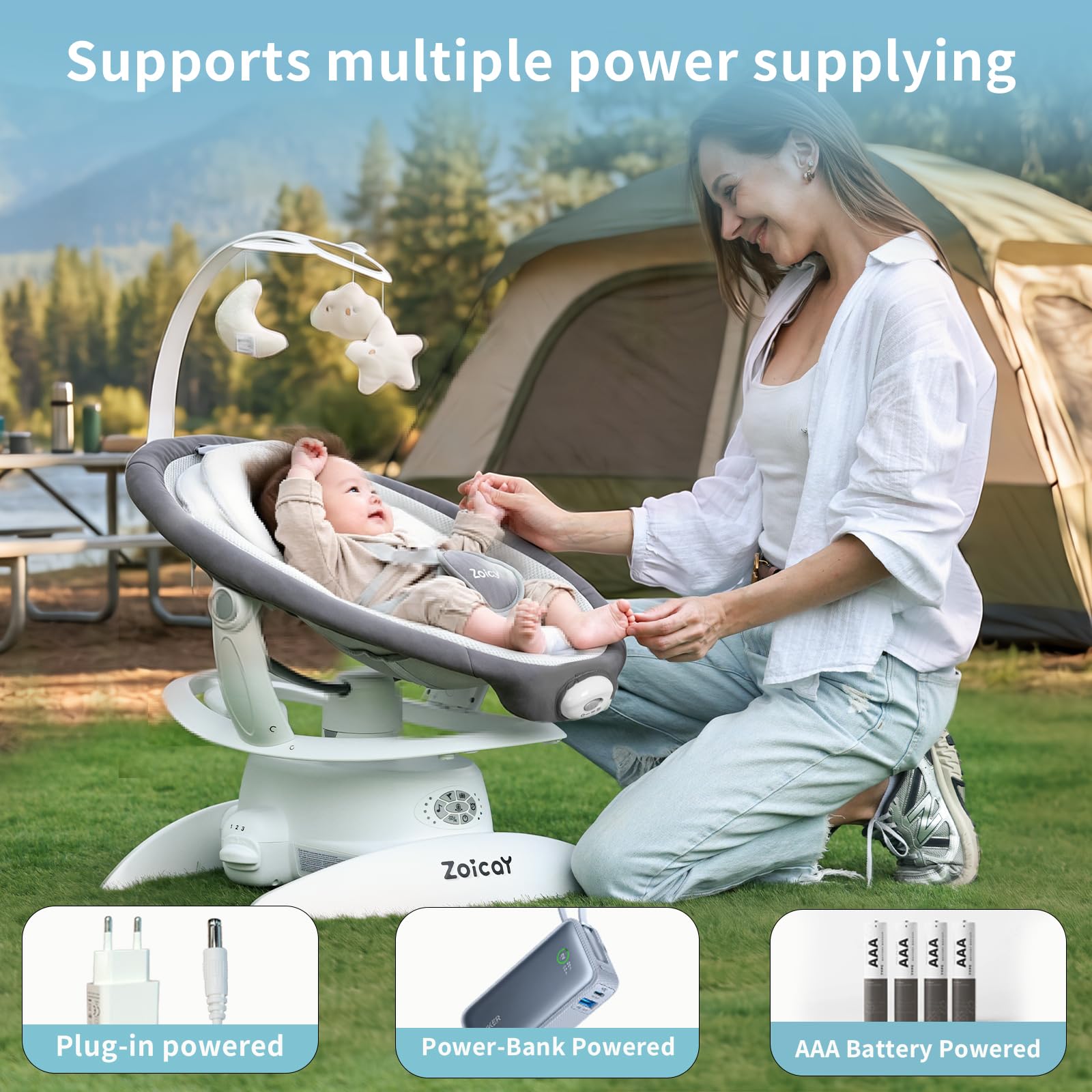 Sdraiette e dondolini con rilevamento del movimento Zoicay 3-in-1 sdraietta neonati regolabile a 360° e bluetooth e telecomando funzione di timer e musica integrata per uso indoor&outdoor (Grigio)