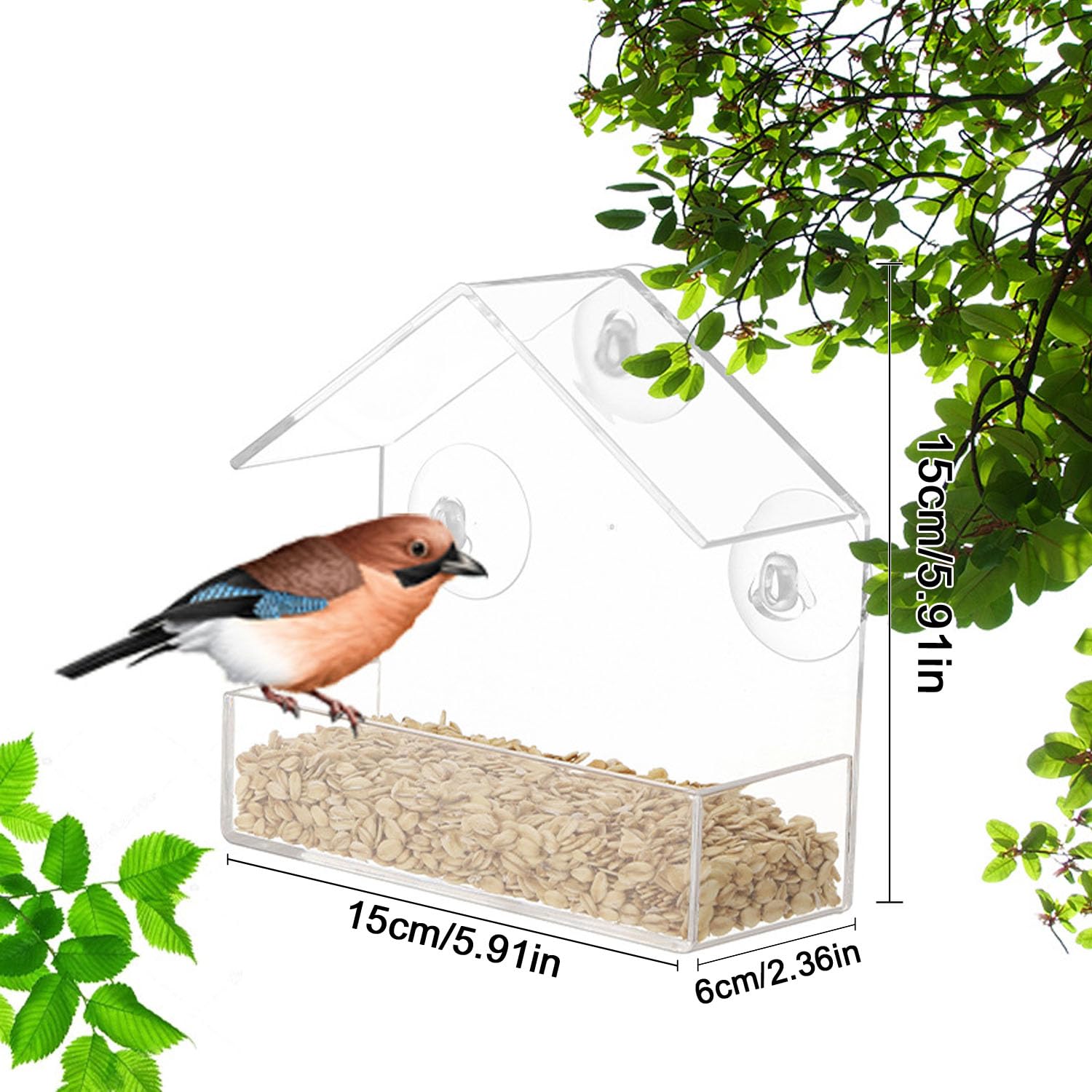 WUBAYI Clear Acrylic Bird Feeder - House Shape Design with 4 Suction Cups for Window Garden, Outdoor, Backyard, Little Birds - Image 2