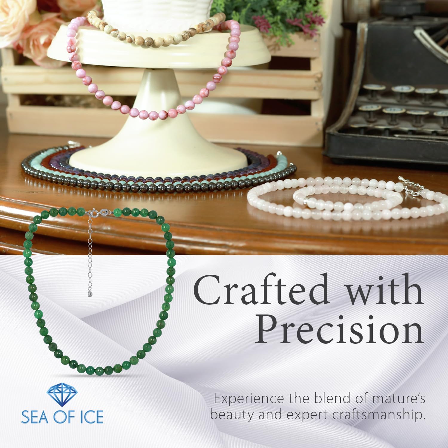 SEA OF ICE Precious Gemstone 6mm Round Beads Necklace 14" Plus 2" Extender with Sterling Silver Spring Ring Clasp