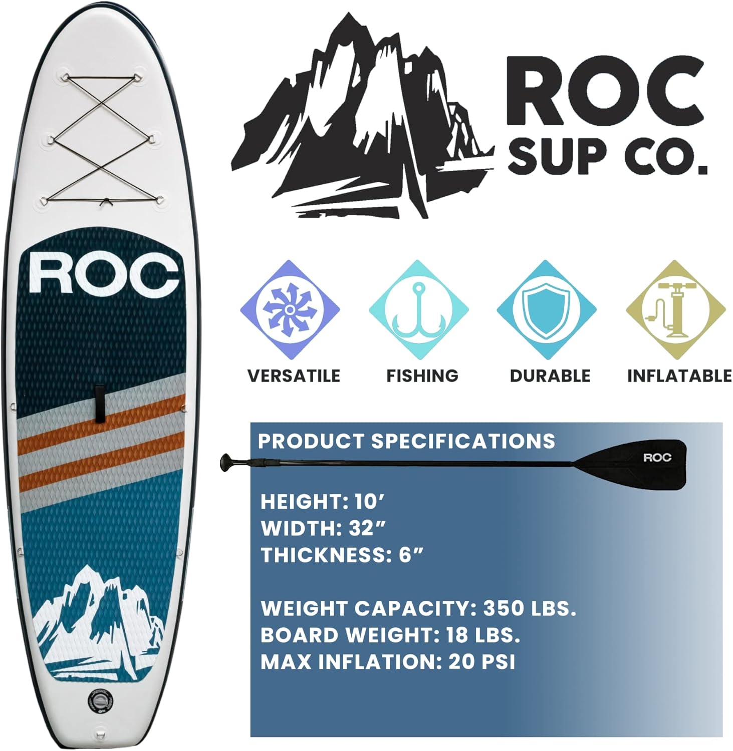 Roc Inflatable Stand Up Paddle Board (6 Inches Thick) with Premium SUP Accessories Heavy Duty Comfort Backpack Kayak Attachment and More | Wide Stance Non-Slip Deck, | Youth & Adult Standing Boat : Sports & Outdoors