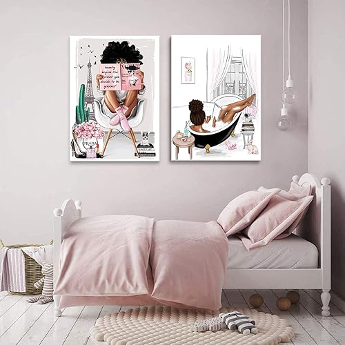 Miniatura 5 de 2 piezas enmarcadas de arte de pared afroamericano, moderno negro para niñas y mujeres, impresiones de póster de playa rosa, juego de obras de arte