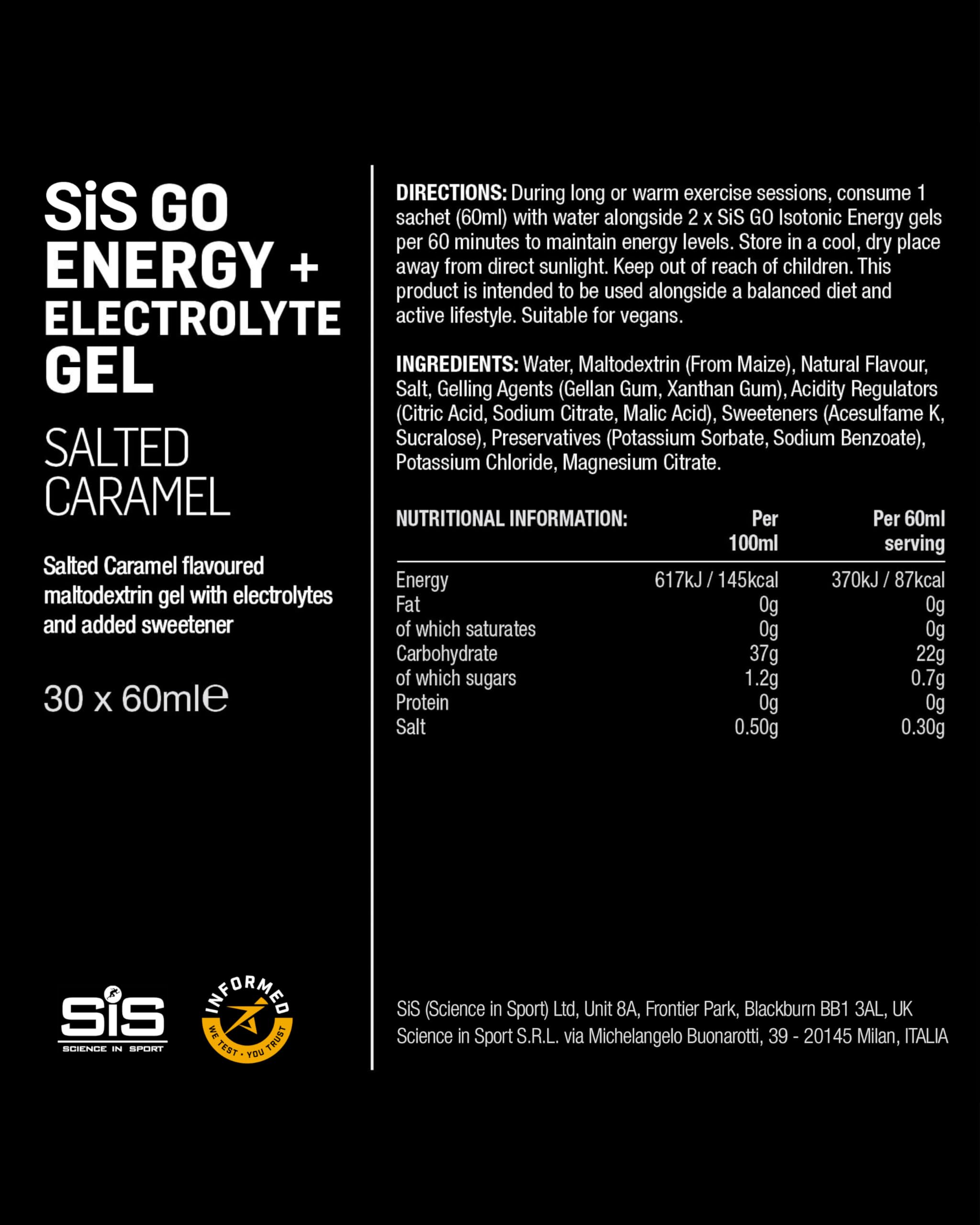 Science in Sport GO Gel Énergétique + Gel Électrolytes 30 x 60ml Caramel Salé, Végan - Idéal pour l'Apport Énergétique et l'Équilibre des Électrolytes