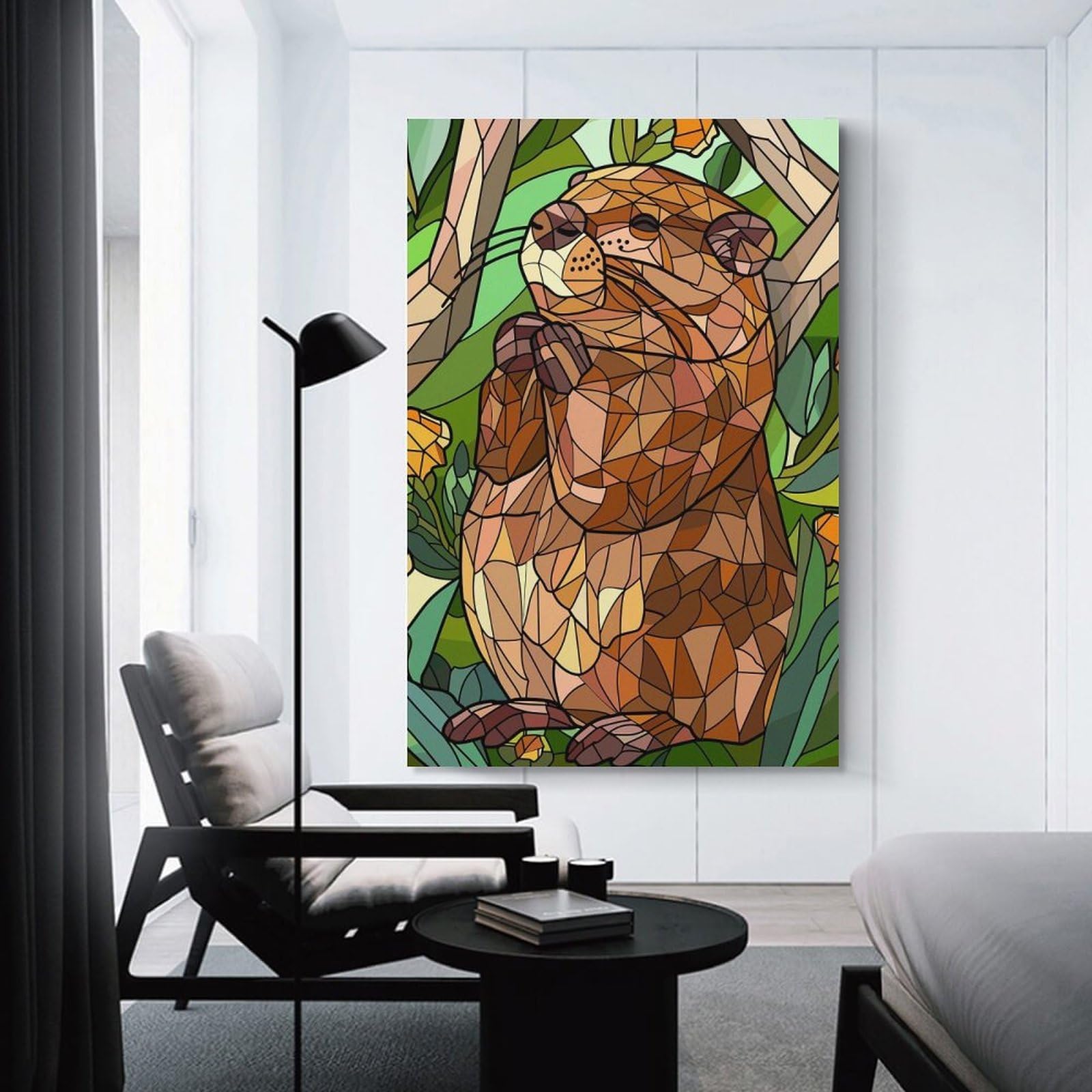 Junmoney Stained Glass Groundhog in Nature Decorative Canvas Print, 24x36inch(60x90cm), for Gallery Wall Decor And Room Displays, Wall Decor Suited to Curated Displays