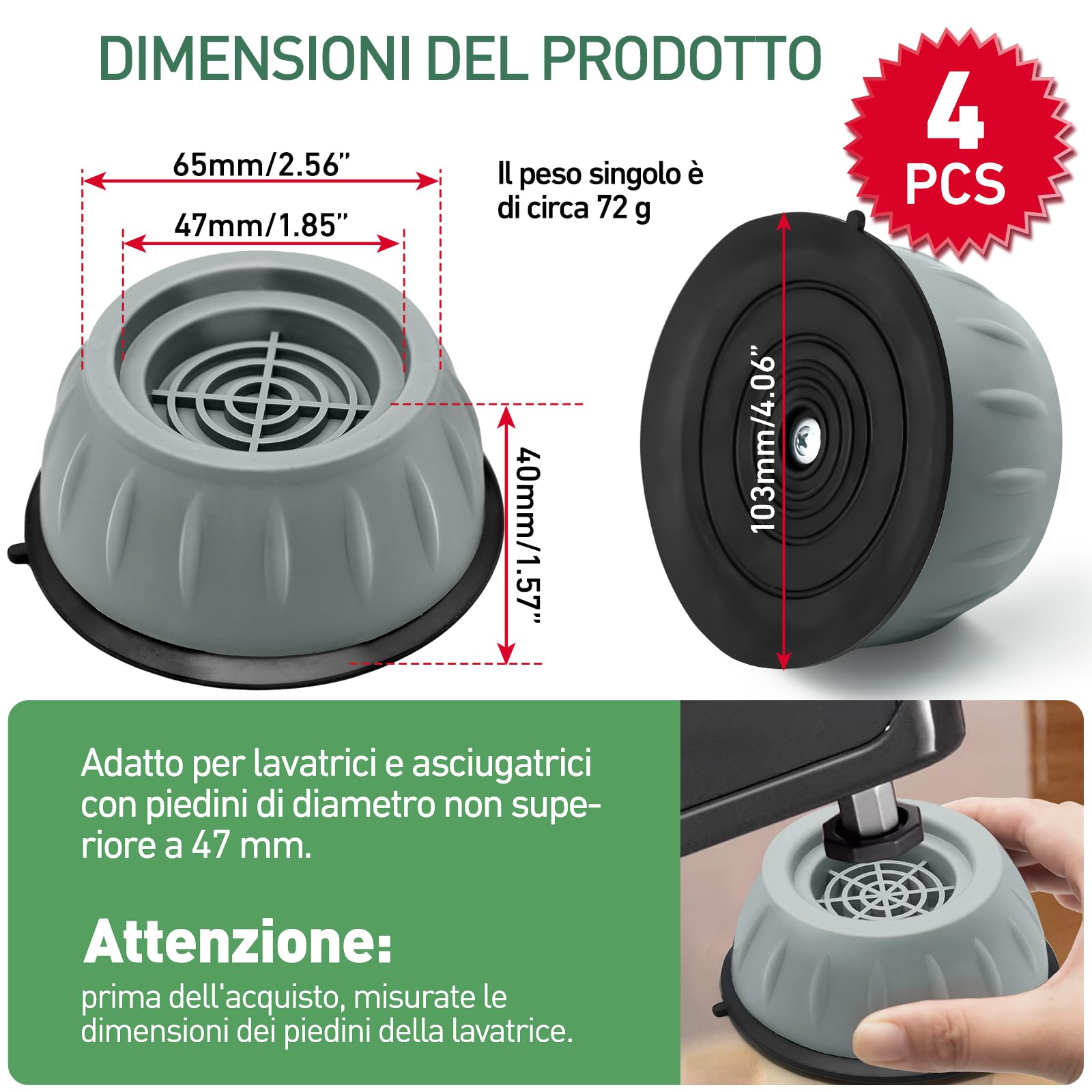 4 Pezzi Piedini Antivibrazione Lavatrice In Gomma, Universali - Foto 8