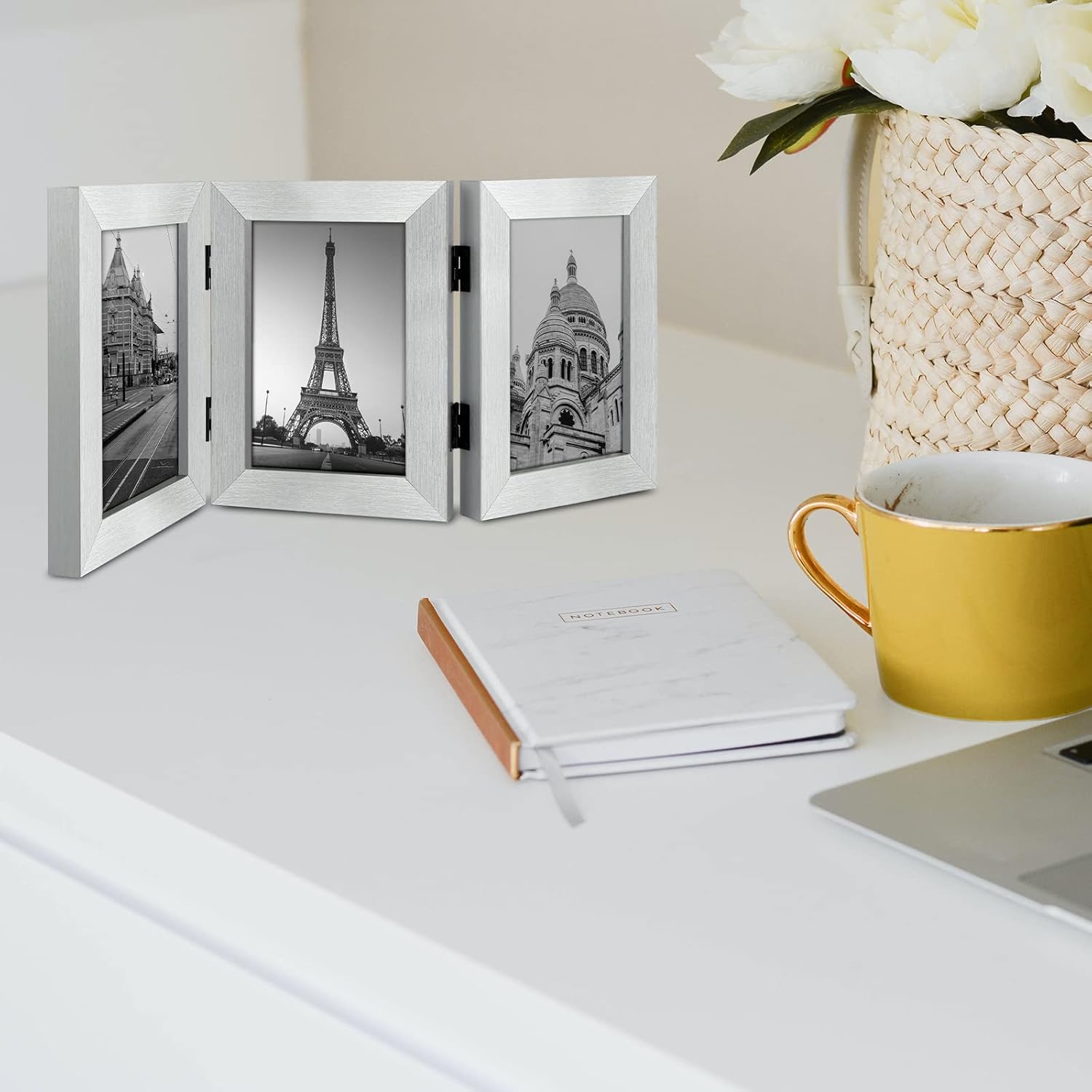 Golden State Art, 5x7 Three Picture Frame Trifold Hinged Photo Frame with 3 Openings, Desk Top Family Picture Collage, with Real Glass (5x7 Triple, Silver, 2-Pack)