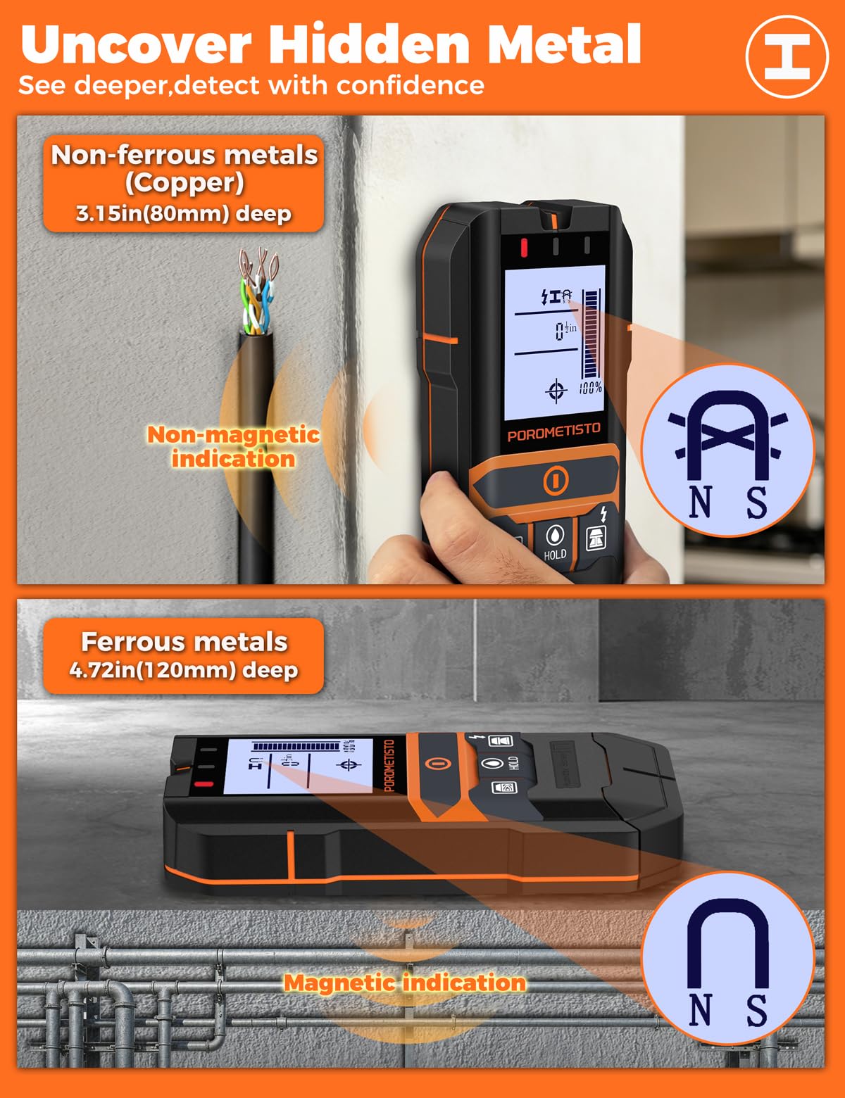Rilevatore Tubi E Cavi Elettrici 2-in-1 Con Misuratore Umidità, Scanner POROMETISTO Per Legno, Metallo, Cavo CA