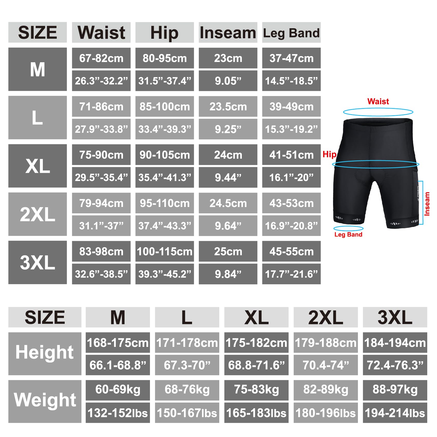 X-TIGER Męskie spodnie rowerowe z wyściółką 5D, spodnie rowerowe, oddychające, szybkoschnące, z 3 kieszeniami, 801 czarny, 3XL