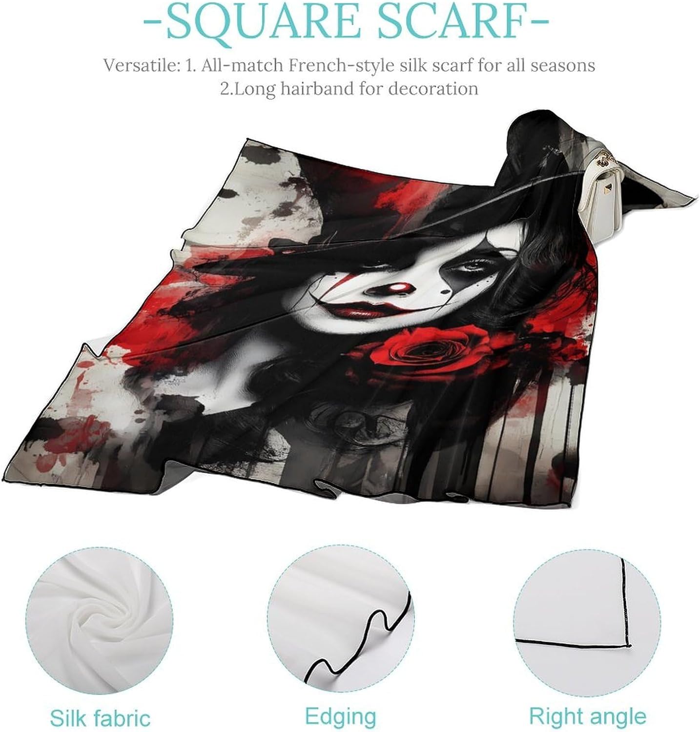 Pretty Clown Woman Rose Painting Bandana Fashion Head Scarf Square Silk Scarf Print Neck Hair Scarfs for Women Men Gifts
