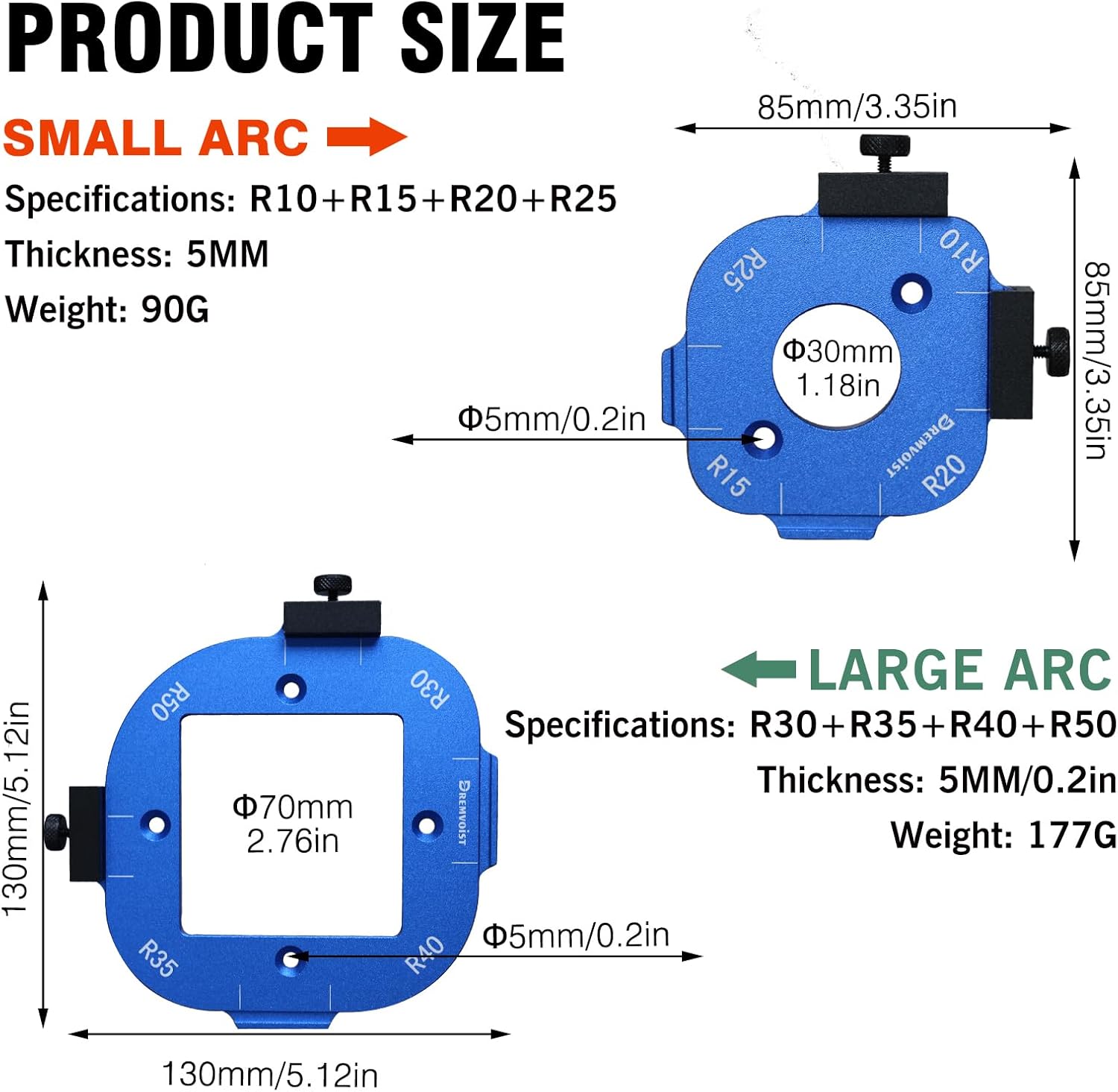 Router Corner Radius Template 2 Pack,with 2 Trim Bit Aluminum Alloy Radius Jig Router Templates,8-in-1 Arc Cutting Guide Set (R10-R50),Use with Router Table,Fits Handheld,Trim,and Table Routers,Blue
