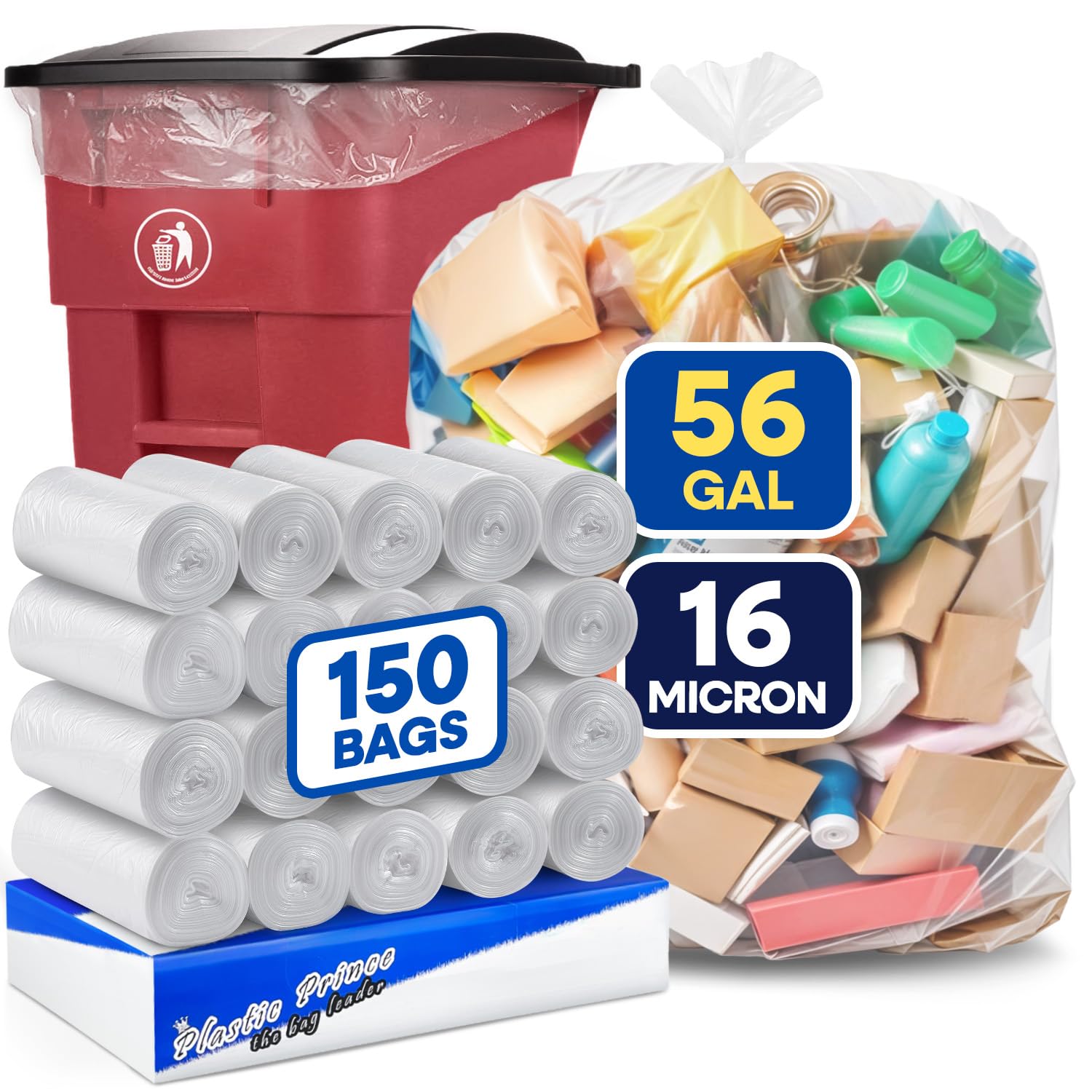 PLASTIC PRINCE 55-60 Gallon Trash Bags, Clear Trash Bags 43"W × 47"L, 16 Micron Clear Garbage Bags, 56 Gal High-Density Garbage Can Liners, Fits Square and Round Trash Cans, Pack of 150