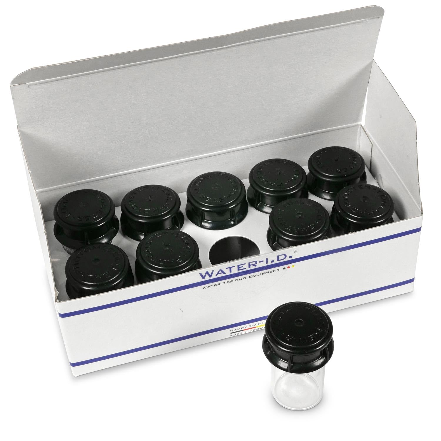 Runde Glas Küvette 24 mm 10er Set - Mit Kunststoff-Schraubdeckel und integriertem Lichtschutz - 10 ml Inhalt - 48 mm Höhe - Geeignet für PrimeLab 1.0 2.0 und Lovibond Photometer