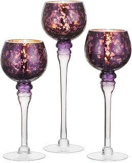 Long Stem Glass Candle Holder - Set of 3 Tall Tea Lights Candle Holders, Purple Crackle Glass Table Candle Holder Set, Inweder Mercury Glass Candle Holder Pillar for Centerpieces, Party, Home Decor