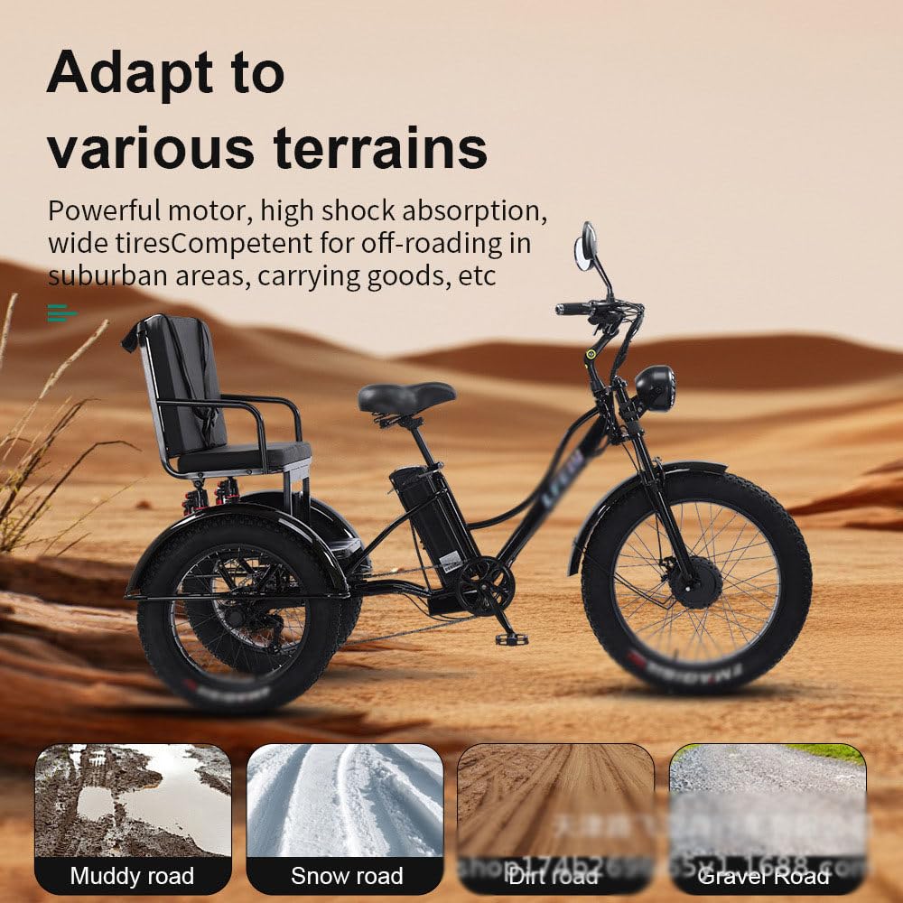 Triciclo Elettrico per Adulti Con Pneumatici Larghi E Cestino, 20 * 4,0 Pollici, 7 Velocità, Telaio in Acciaio Al Carbonio,Triciclo Elettrico Da Carico per Anziani Black-withseat