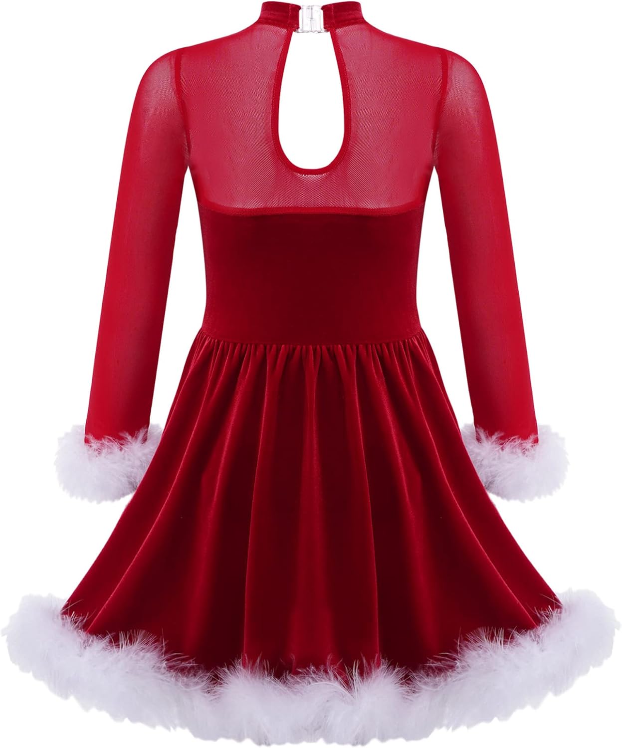 Kids Girls Christmas Santa Claus Costume Sheer Mesh Splice Long Sleeve Figure Ice Skating Dress Xmas Outfits