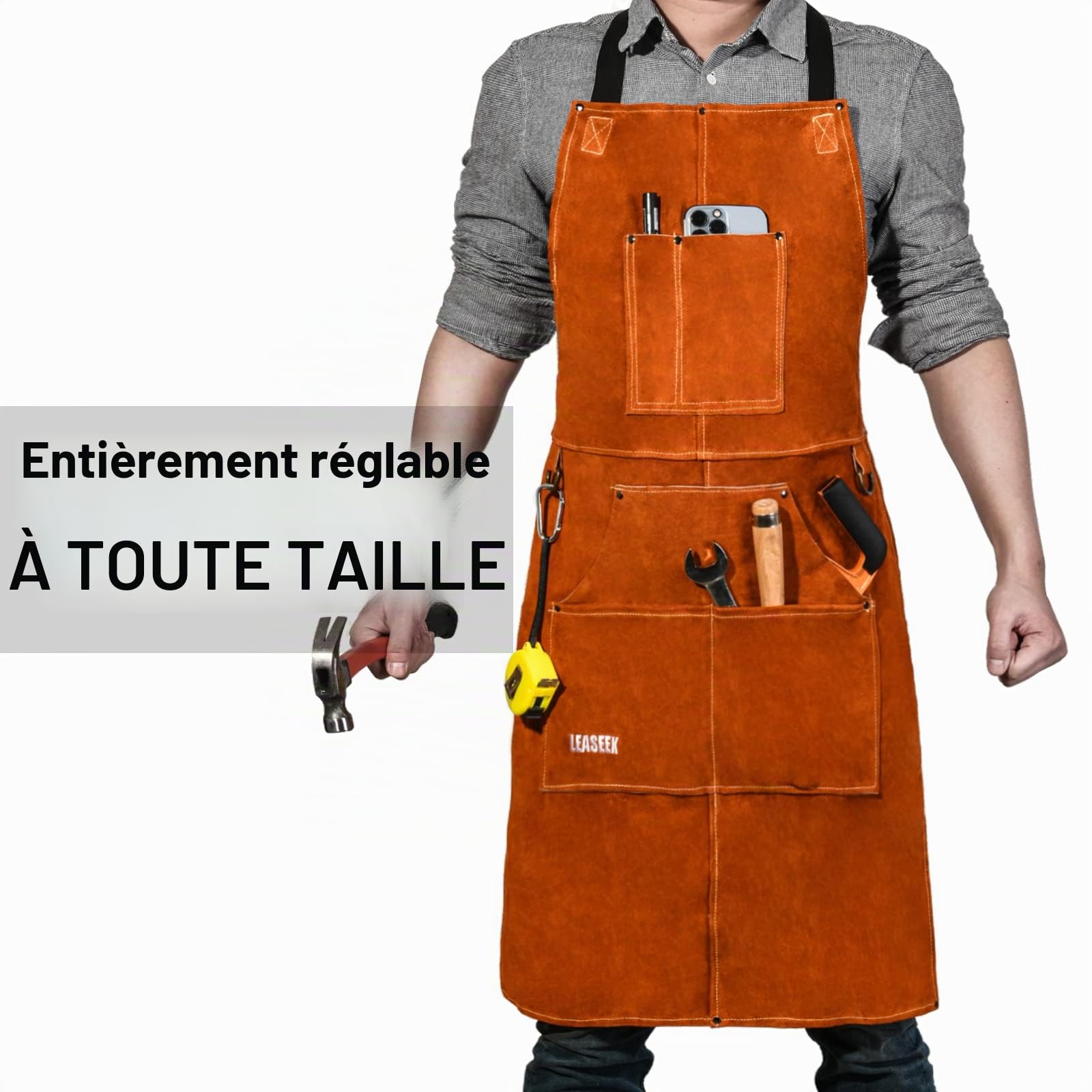 LeaSeek Tablier de soudage, Tablier de Travail en Cuir de Vachette avec 6 Poches, Tablier de Cuisine Multifonctionnel, Bretelles Réglables de M à XXL pour Hommes et Femmes