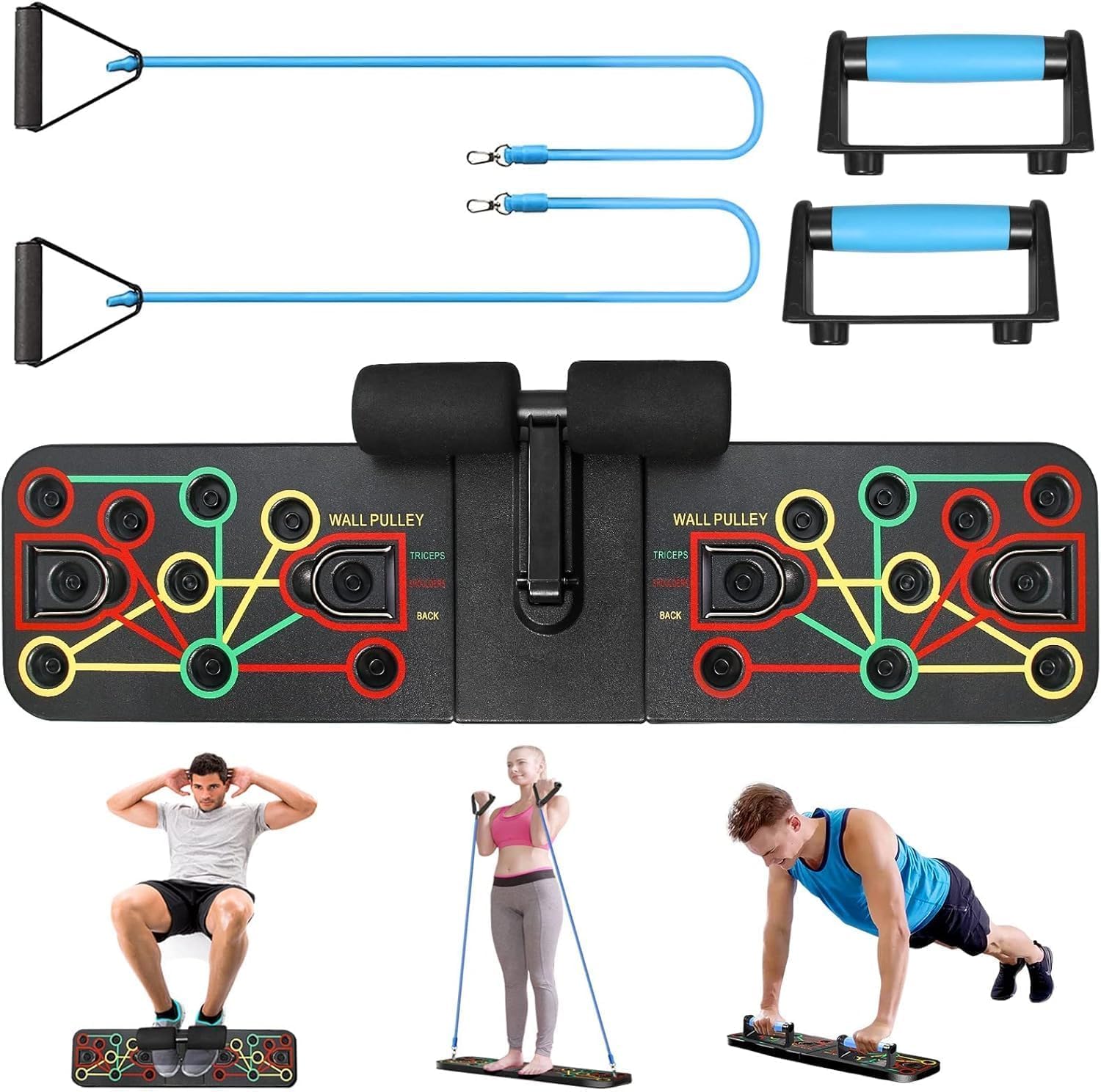 لوح تمارين الضغط من SportQ®️ مع حامل للجلوس، قضيب رفع متعدد الوظائف مع اشرطة مقاومة، معدات تدريب القوة المنزلية، مقابض رفع لتمارين الضغط المثالية، اللياقة البدنية المنزلية