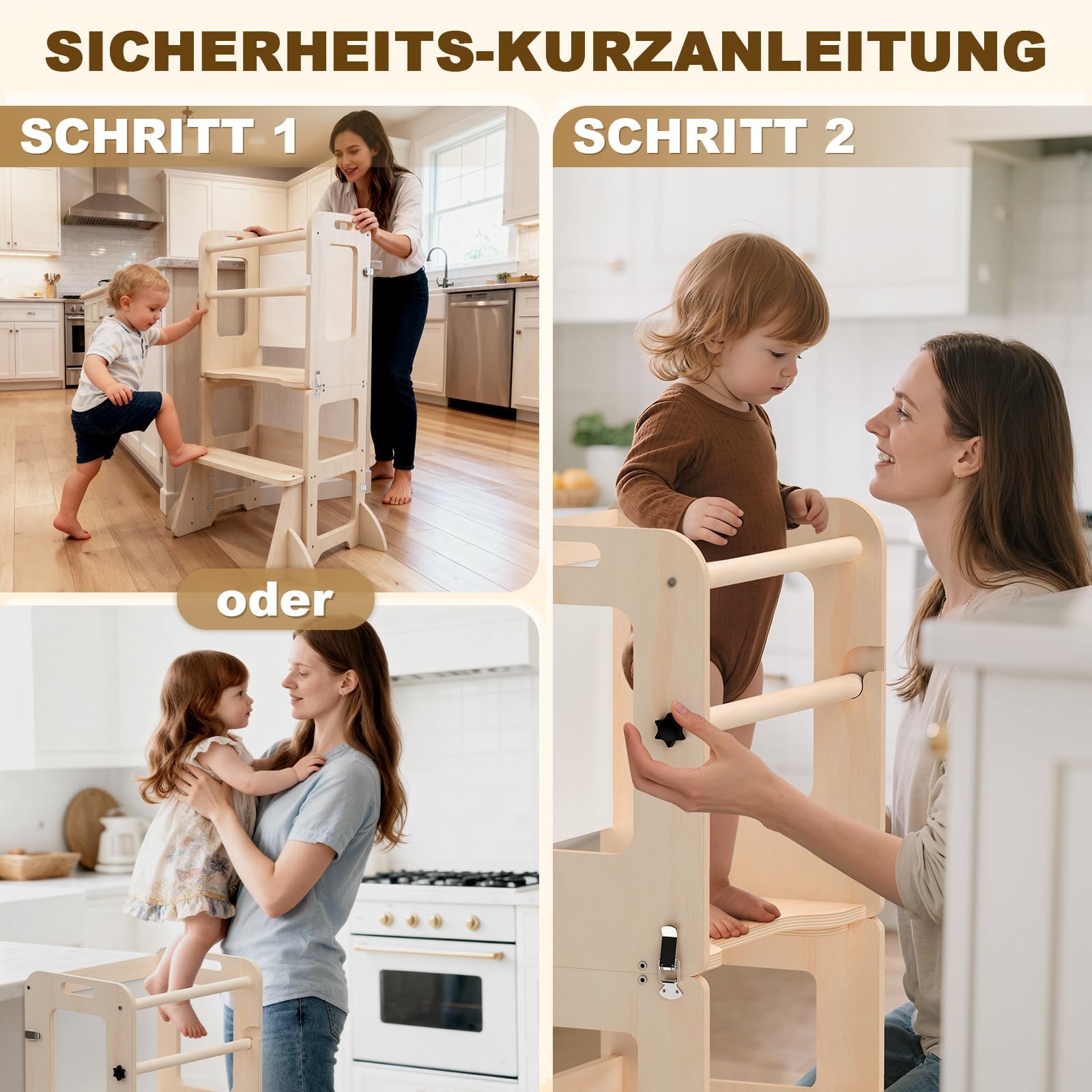 Montessori Lernturm ab 1 Jahr, 4 in 1 Montessori Learning Tower für Kinder mit Rausfallschutz, Lernturm mit Kreidetafel und Whiteboard, Geschenk für Jungen und Mädchen 1-3 Jahre alt