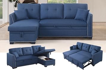 83" L-Shaped Sleeper Sectional Sofa with Storage Chaise & Cup Holders Pull-Out Convertible Bed, 3-in-1 Space-Saving Design for Apartments, Modern Linen Fabric, Easy Assembly