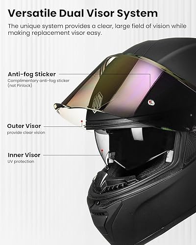 Miniatura 4 de ILM Cascos de motocicleta de cara completa para adultos, hombres y mujeres, doble visera Powersports Moto Street Racing 619 (negro mate, L)