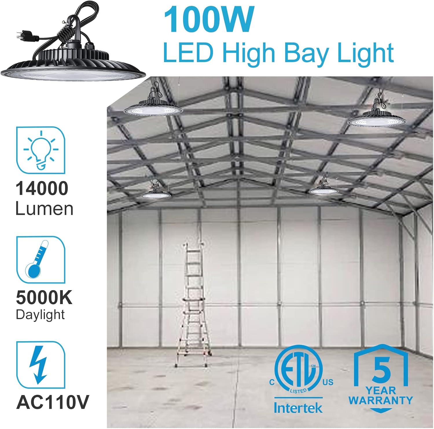 Lightdot 100W LED High Bay Light for Warehouse Barn Garage, 5000K 14000LM (Eqv. to 400W HPS/MH) High Bay LED Light, ETL Listed, 5ft UL Cable Plug LED Bay Light for Commercial Lighting (6Pack) : Everything Else