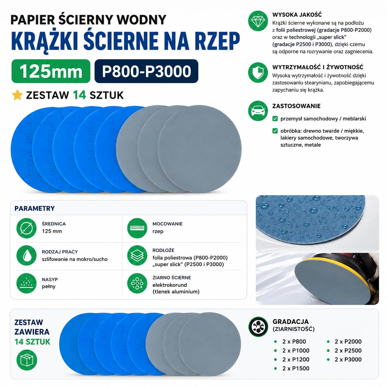 Krążki Ścierne Wodne 125 mm Na Rzep Zestaw 14 Szt P800–P3000 Do Szlifowania Na Mokro I Sucho Lakieru Drewna Metalu