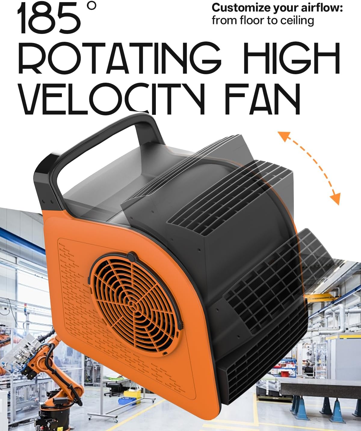 Air Mover Blower Fan: High Velocity Floor Fans for Cooling and Drying, Carpet Dryer with Heater, Filter, UV Light, 3 Speeds, 185° Rotating for Industrial, Orange