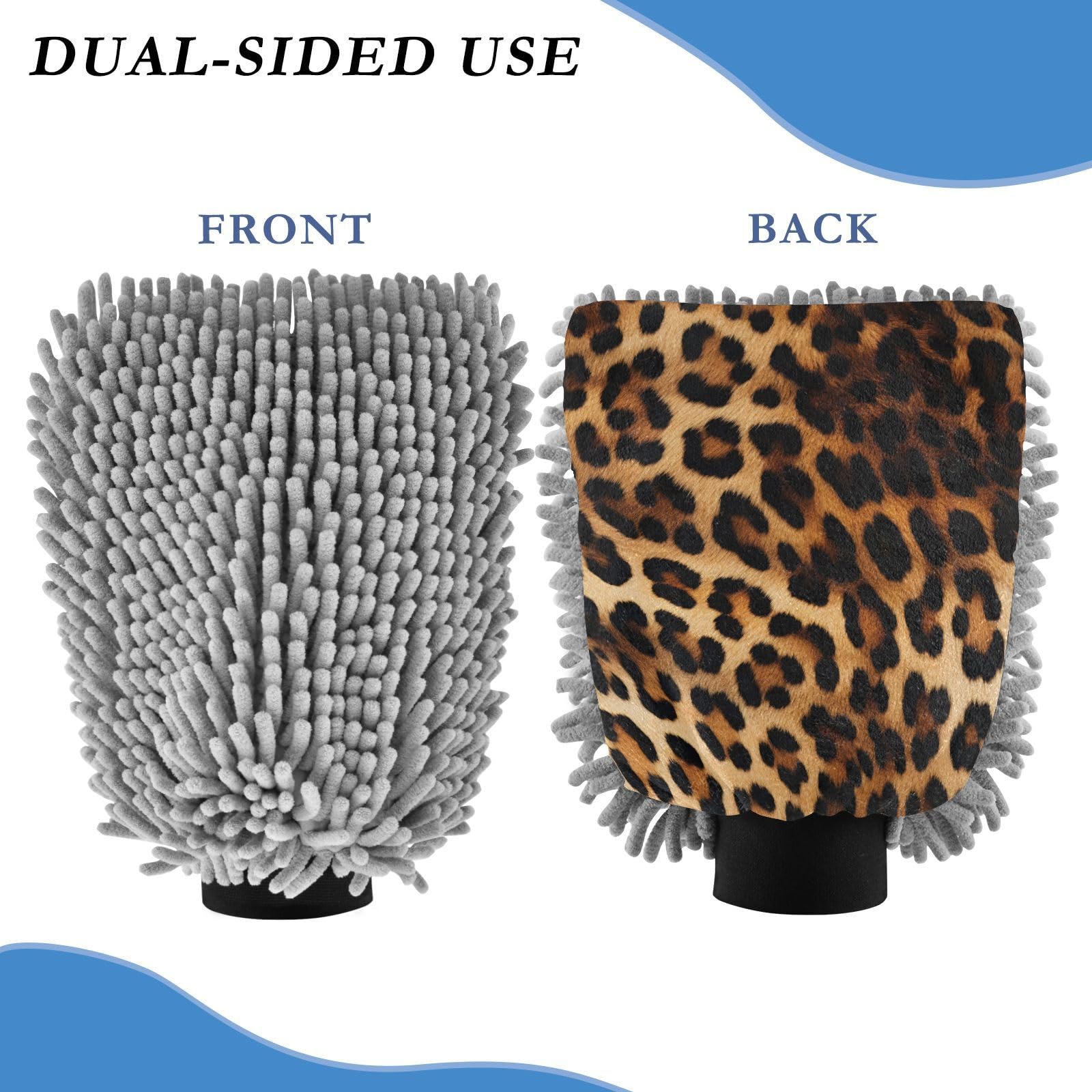 ALAZA Leopard Print Cheetah Car Wash Mitt Scratch Free, 2 Pack Absorbent Microfiber/Chenille Washing & Drying Mitts, M