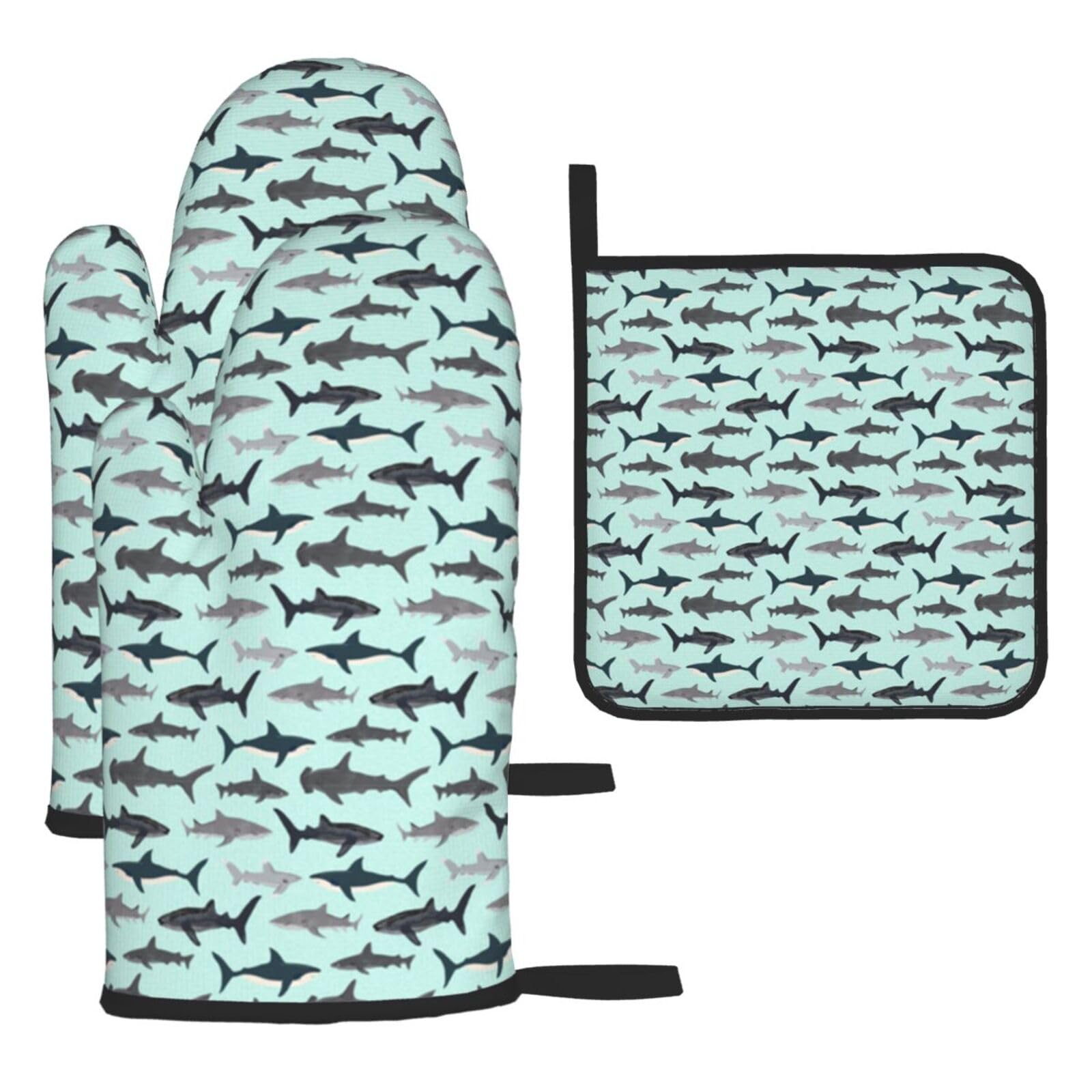 Shark Print Oven Set Kitchen Gloves Baking Grilling Microwaving Cooking Gift Everyday Holiday