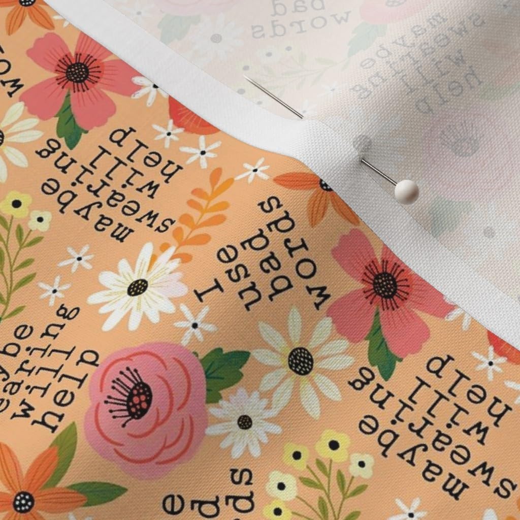Spoonflower Fabric - Small Scale Swear Words Flowers Floral Orange Peach Printed on Petal Signature Cotton Fabric by The Yard - Sewing Quilting Apparel Crafts Decor