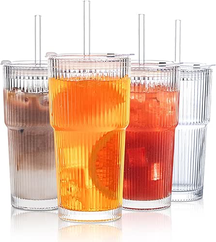 INSETLAN 20 oz Ribbed Glass Tumblers with Lids and Glass