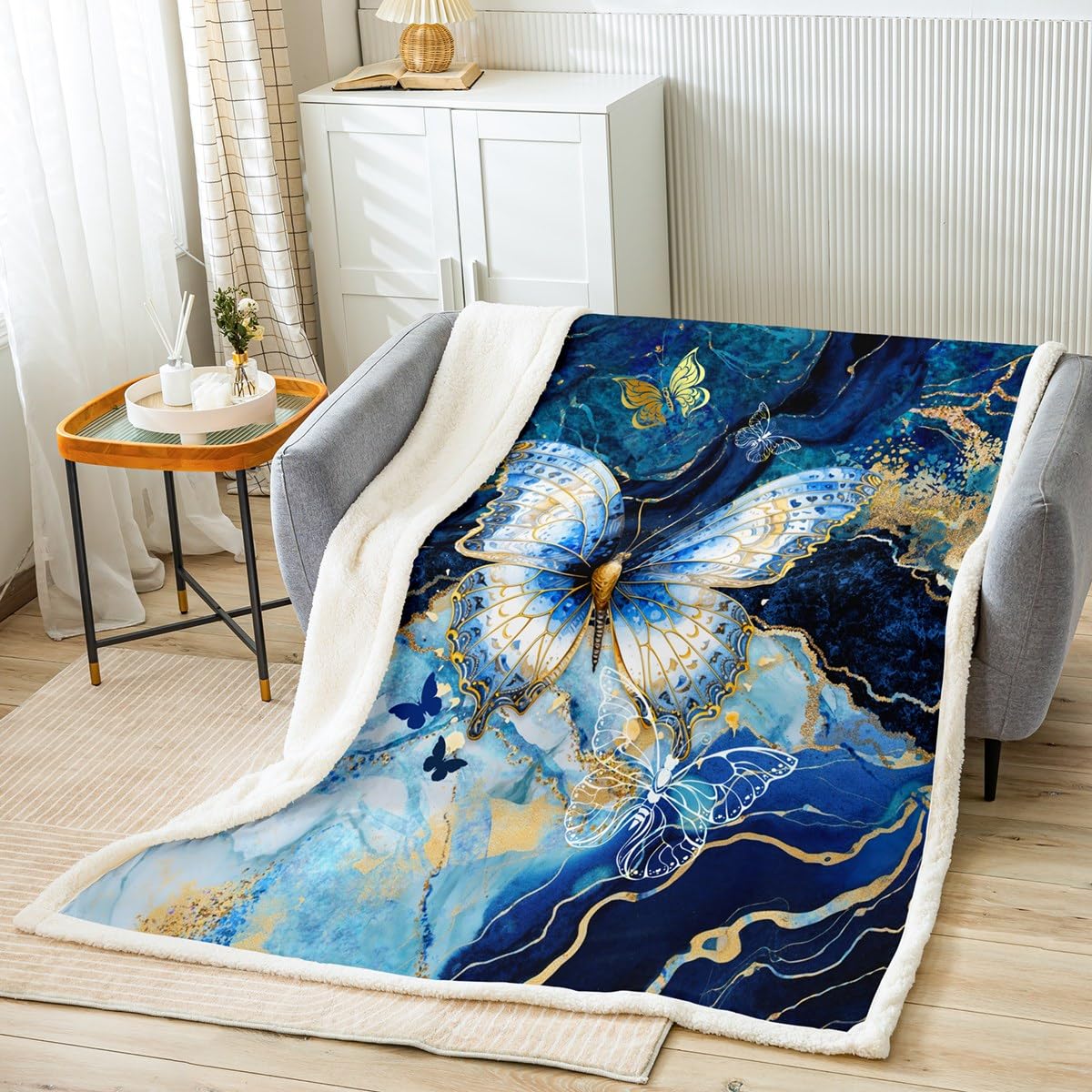 Pretty Butterfly Sherpa Blanket Blue Gold Fleece Throw Blanket for Kids Boys Girls Decor Animal Plush Blanket Microfiber Stripe Line Fuzzy Blanket for Sofa Bed Couch Bedroom,Twin 60x80 Inches