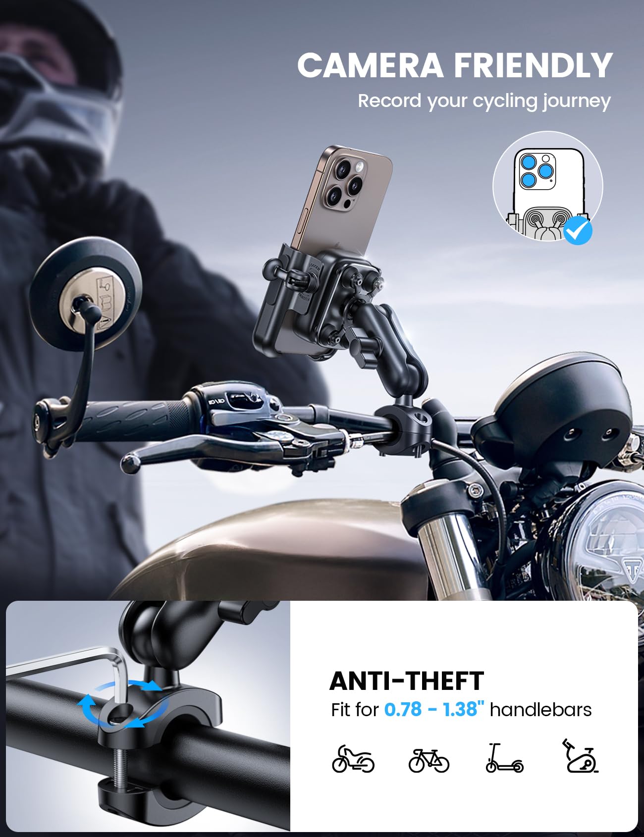 Lamicall Support Téléphone Moto - [Tout Métal] [Anti-Vibration] [Bras Rétractable] Antivol, 2 x 360° Rotation, Porte Téléphone Vélo, pour iPhone 17 16 15 14 13 et Autre Smartphone de 4,7-7,2" - Noir