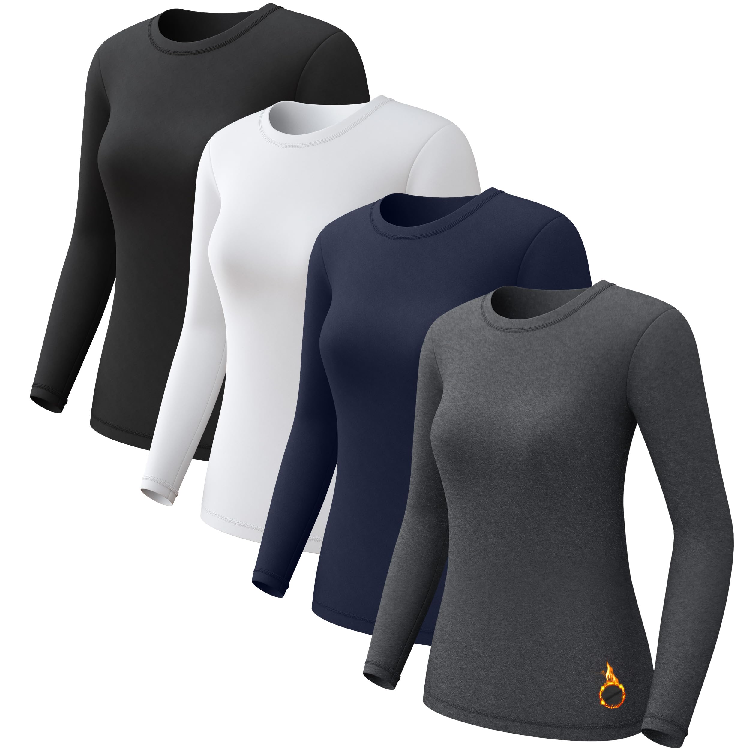 CL convallaria 1 2 4 Pcs Sous-vêtements thermiques doublés en polaire Hauts à manches longues Baselayer Shirt, Noir/blanc/bleu/gris clair chiné, Taille M
