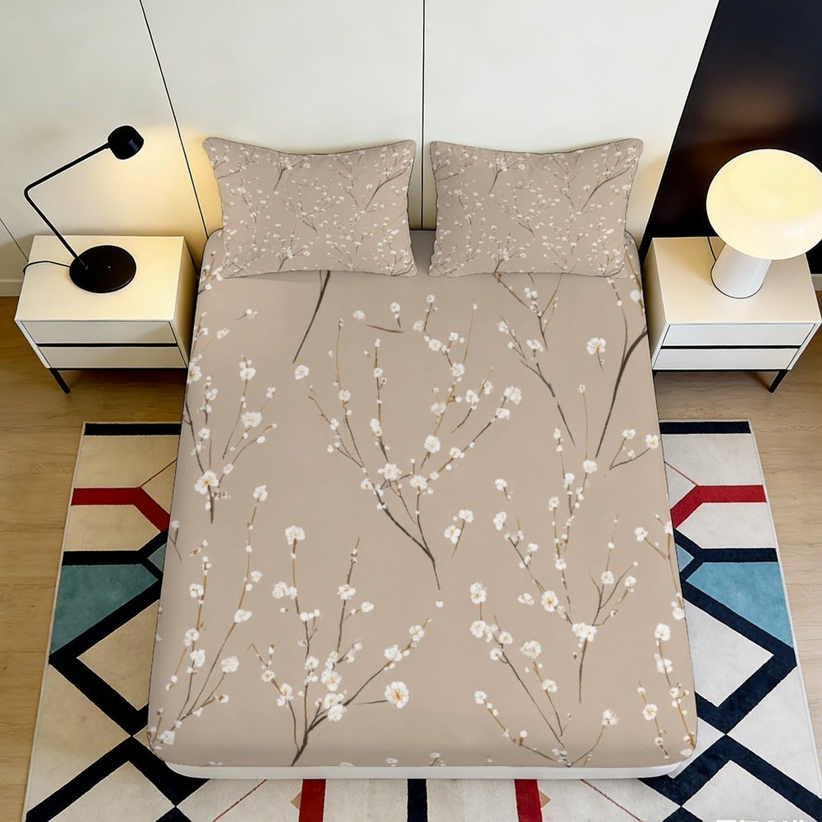 3D Printed Beige Plum Blossom Fitted Sheet Microfiber Soft Floral Mattress Cover for Bedroom Guest Room Decor 90x200x25cm