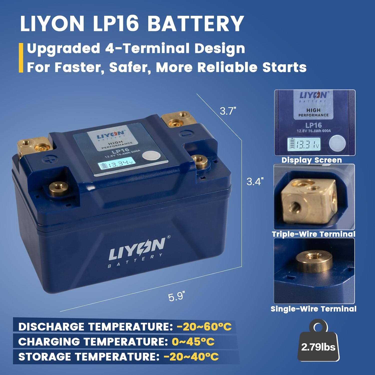 LIYON BLP16 Lifepo4 Lithium 12V 6Ah Powersports Starter Battery with Display Screen, Start Power 600A 420 CCA(-25°C) for Motorcycle 300-1200cc, ATV 400-800cc, UTV 300-1000cc, Generator 4kW - 8kW