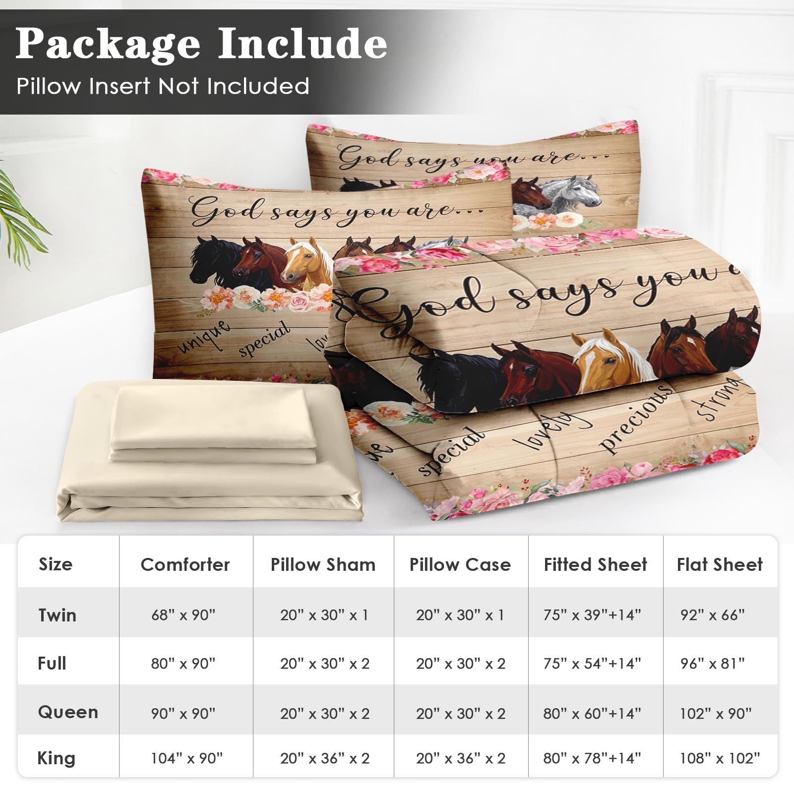 WeCozy Juego de edredón de 5 piezas de tamaño individual con funda de almohada y funda, juego de ropa de cama de flores de animales de caballos para niños y adultos, pensamientos inspiradores, cama en