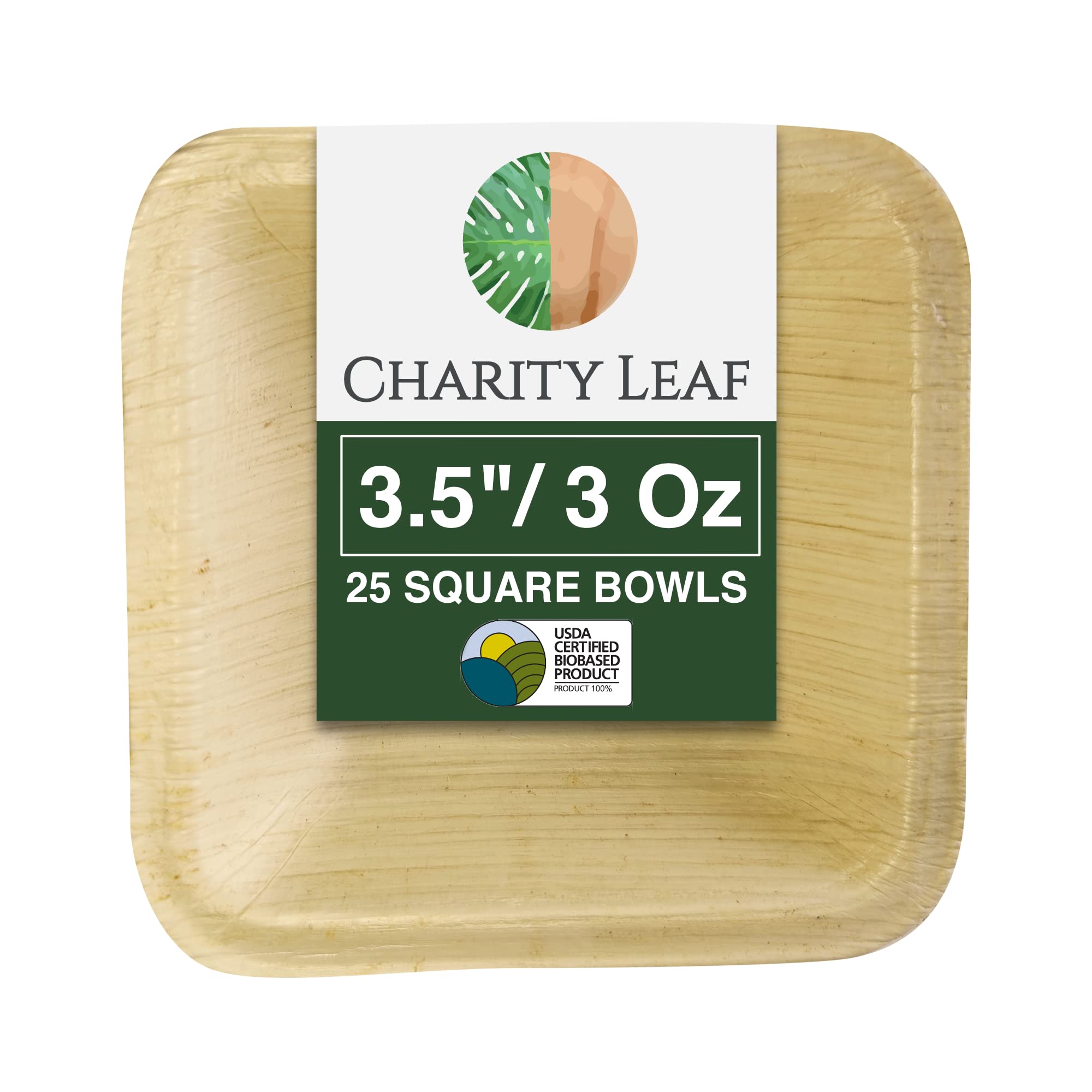 Charity Leaf Disposable Palm Leaf 3.5" Square Mini Bowl (25 pcs) Dipping Bowls | Bamboo Like| All Natural and Biodegradable | Charcuterie Boards, BBQs