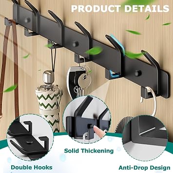 Coat Hooks Wall Mounted, Heavy Duty Coat Racks With 6 Hooks, Modern Hanger Rack for Hanging, Rustproof Clothes Hooks for Bedroom Office Entryway (Black)