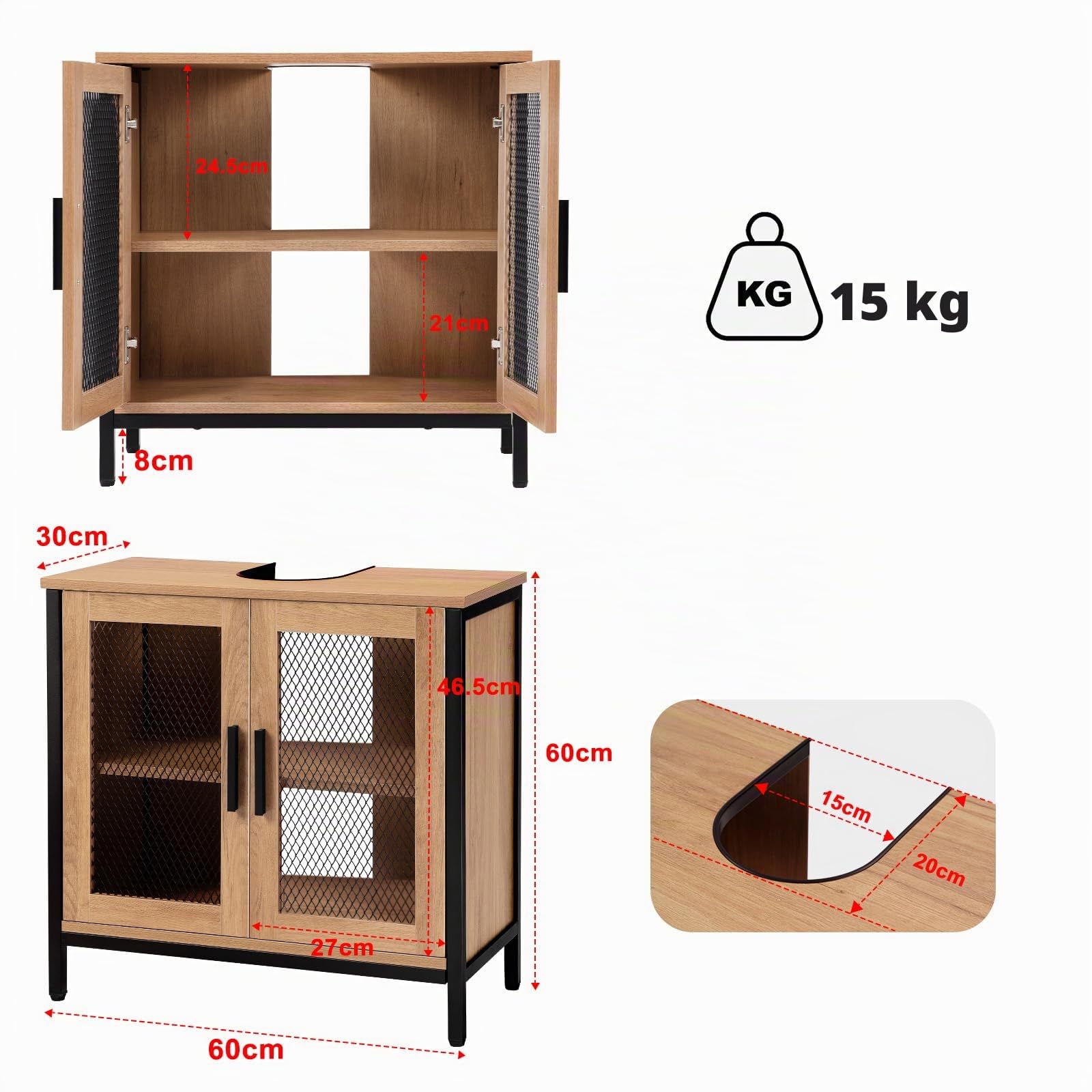eSituro Mobile da Bagno Sottolavabo Industriale, Armadietto da Bagno con 2 Scomparti, Ante a Rete e Maniglie in Metallo, Gambe Rialzate, Rovere Chiaro e Nero, in Legno e Metallo, 60x30x60cm