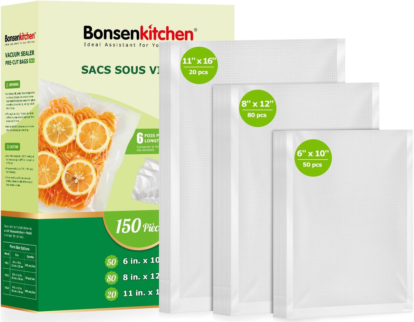bonsenkitchen precut vacuum sealer bags, 20 gallon 11\" x 16\"+ 80 quart 8\" x 12\"+ 50 pint 6\" x 10\", commercial grade, bpa free, food sealer bags for vac storage, meal prep or sous vide cooking, vb15
incomplete