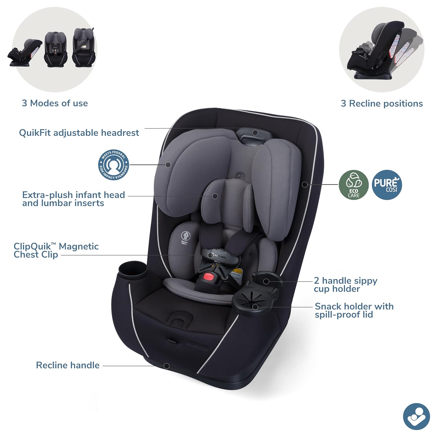 Maxi-COSI Pria Max+ All-in-One Baby Convertible Car Seat, Rear Facing, Forward Facing Infant Toddler Booster, Easy Latch Install, Magnetic Buckle, Adjustable Harness, Cup Holders, Sea Shadow - Image 9