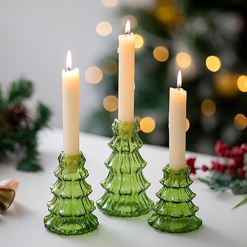 Glasseam Portavelas de árbol de Navidad 3 piezas de candelabros de vidrio para velas cónicas acanaladas moderno verde candelero para centro de mesa