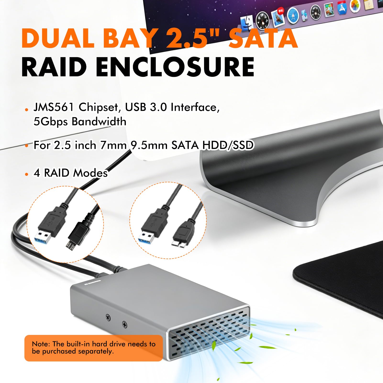 Boîtier Raid à Deux Baies pour SSD et HDD SATA 2,5", USB 3.0 Gen 2, 5 Gbit/s, Raid 0/1/JBOD/PM, capacité de 12 to, boîtier de Disque Dur Externe en Aluminium