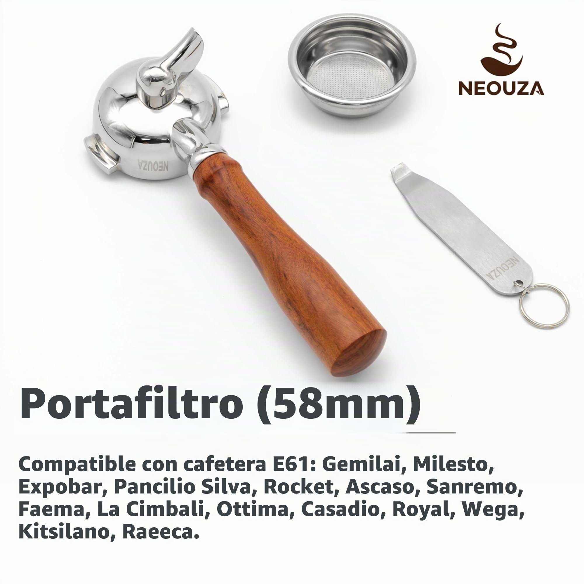 NEOUZA Portafiltro espresso de 58 mm compatible con cafetera E61, cesta no presurizada, boquilla única, herramienta de extracción de cestas