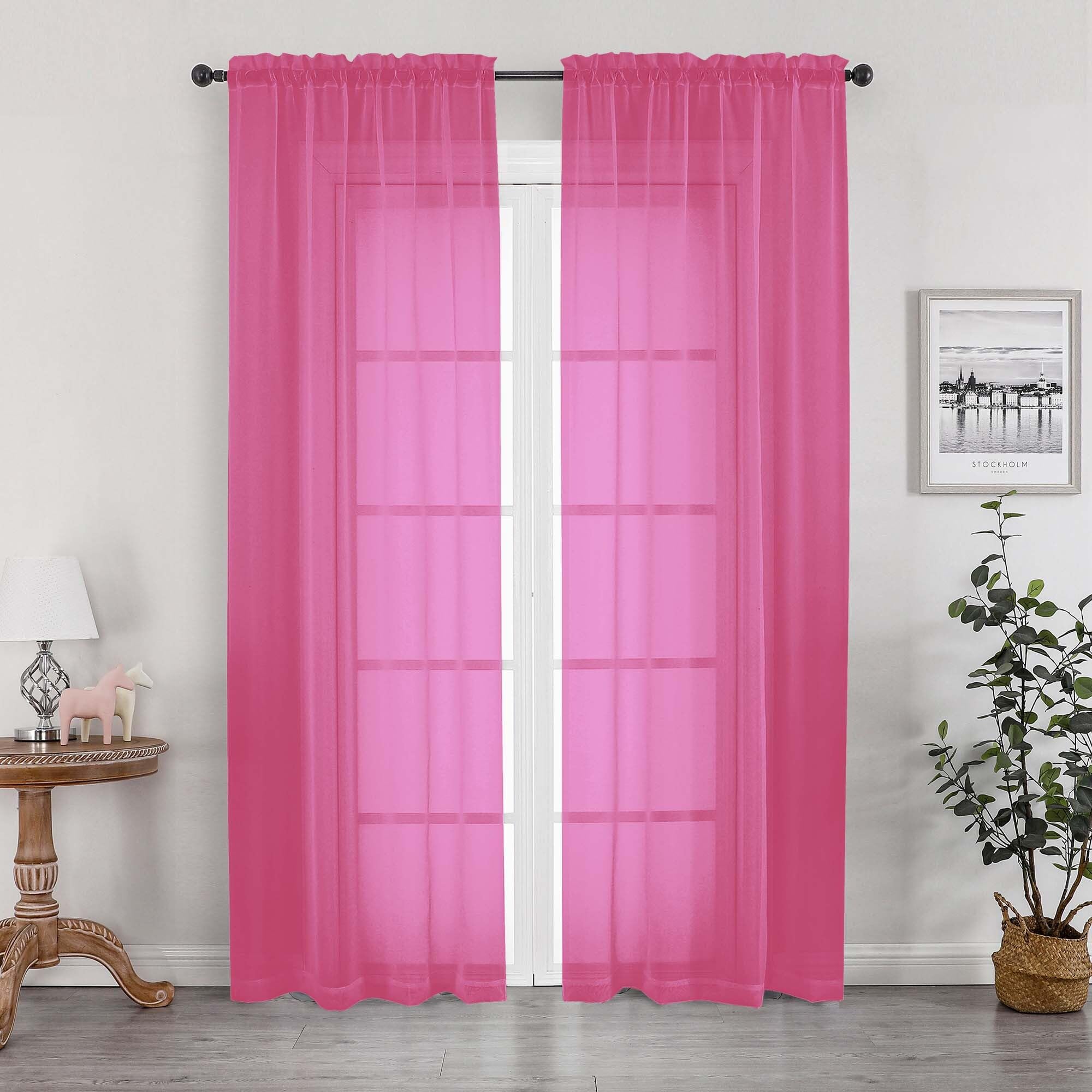 OWENIE Sheer Hot Pink Curtains for Bedroom Living Room 78 Inches Long 2 Panels Set, Soft Solid Light Filtering Sheer Curtain Rod Pocket Clear Drapes for Window Sliding Door, Hot Pink, 42 x 78 Inch