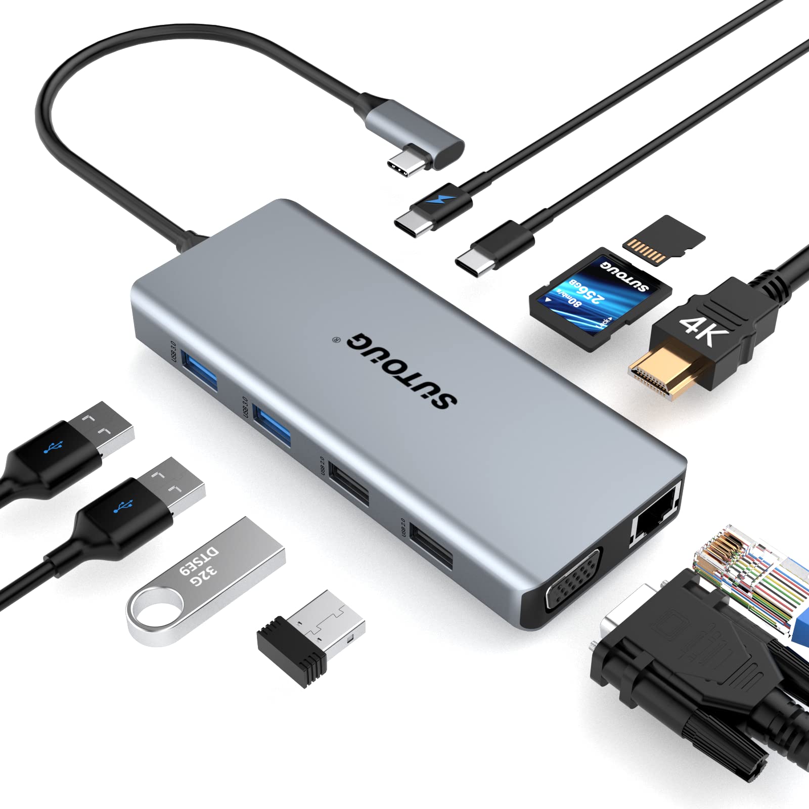 USB C Hub, SUTOUG 12 in 1 Docking Station with 4K HDMI & 1080P VGA, 92W PD, 1Gbps Ethernet, USB-C 3.