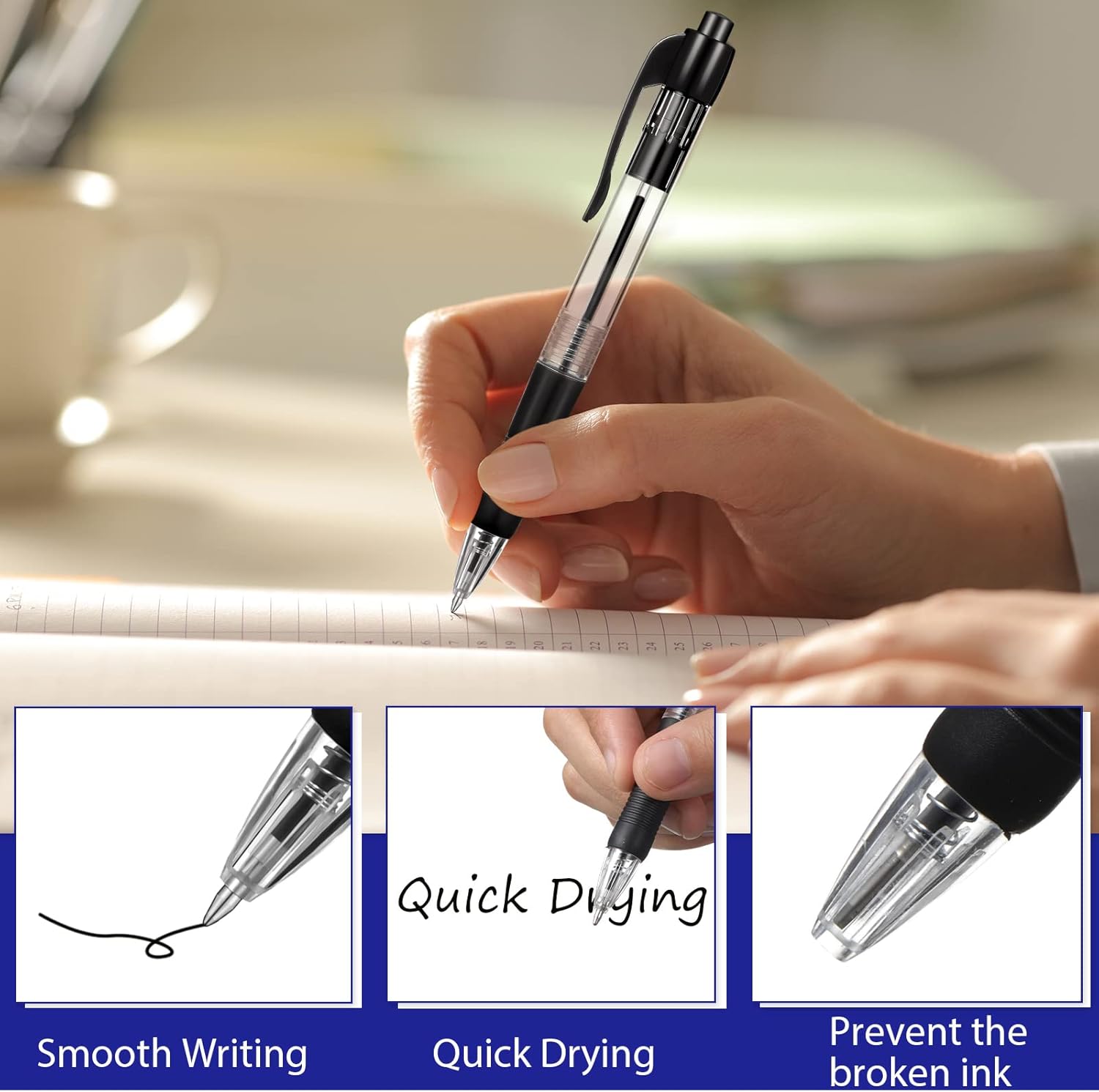 Fainne 200 Pack Retractable Ballpoint Pen 1.0 mm Medium Point Refillable Smooth Click Writing Pens With Grip for Work Journal Writing Office School Supplies(Black Ink, Blue Ink) - Image 4